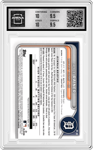 Bryce Rainer from the 2024 Bowman Draft set graded by Arena Club and given an overall grade of 10.