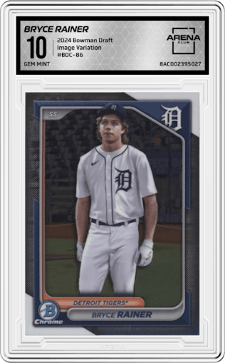Bryce Rainer from the 2024 Bowman Draft set graded by Arena Club and given an overall grade of 10.