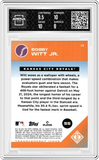 Bobby Witt Jr. from the 2024 Topps Transcendent Collection set featuring a Red Refractor parallel graded by Arena Club and given an overall grade of 8.5.