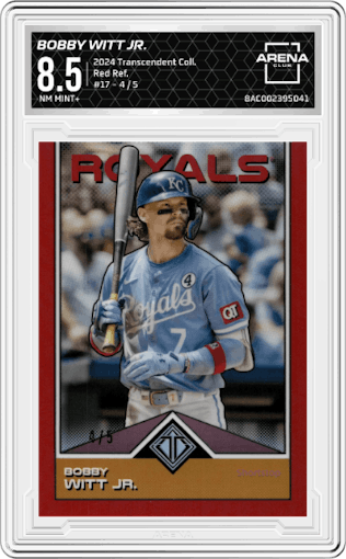 Bobby Witt Jr. from the 2024 Topps Transcendent Collection set featuring a Red Refractor parallel graded by Arena Club and given an overall grade of 8.5.