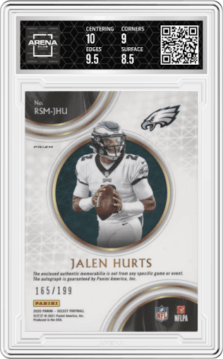 Jalen Hurts from the 2020 Panini Select set graded by Arena Club and given an overall grade of 9.