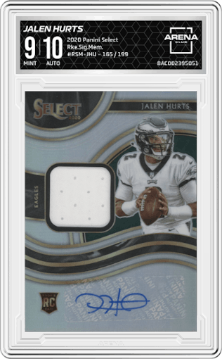 Jalen Hurts from the 2020 Panini Select set graded by Arena Club and given an overall grade of 9.