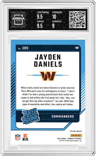 Jayden Daniels from the 2024 Donruss set featuring a Pink parallel graded by Arena Club and given an overall grade of 9.5.