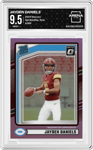 Jayden Daniels from the 2024 Donruss set featuring a Pink parallel graded by Arena Club and given an overall grade of 9.5.