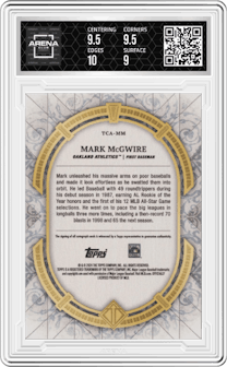 Mark McGwire from the 2024 Topps Transcendent Collection set featuring a Platinum parallel graded by Arena Club and given an overall grade of 9.5.