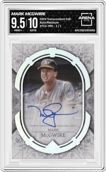 Mark McGwire from the 2024 Topps Transcendent Collection set featuring a Platinum parallel graded by Arena Club and given an overall grade of 9.5.