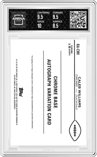 Caleb Williams from the 2024 Topps Chrome set graded by Arena Club and given an overall grade of 9.