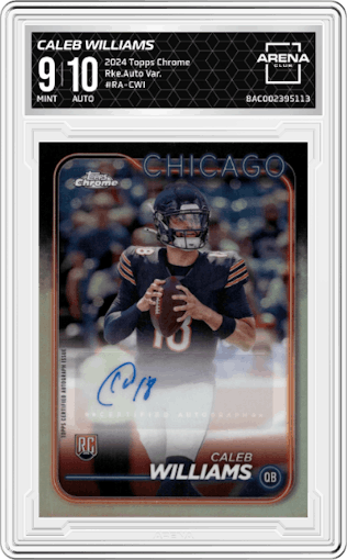 Caleb Williams from the 2024 Topps Chrome set graded by Arena Club and given an overall grade of 9.