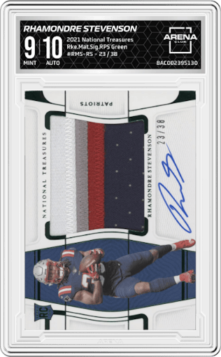 Rhamondre Stevenson from the 2021 Panini National Treasures set featuring a Green parallel graded by Arena Club and given an overall grade of 9.