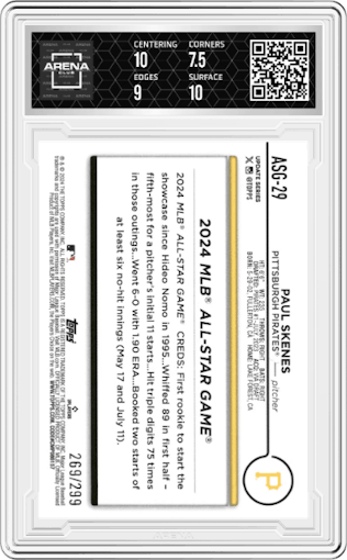 Paul Skenes from the 2024 Topps Update set featuring a Black parallel graded by Arena Club and given an overall grade of 8.