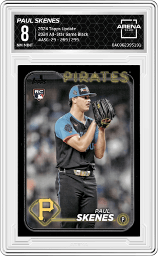 Paul Skenes from the 2024 Topps Update set featuring a Black parallel graded by Arena Club and given an overall grade of 8.