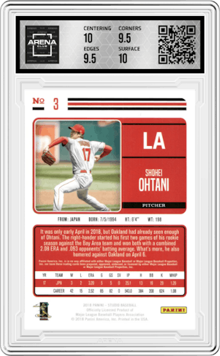Shohei Ohtani from the 2018 Panini Chronicles set graded by Arena Club and given an overall grade of 10.