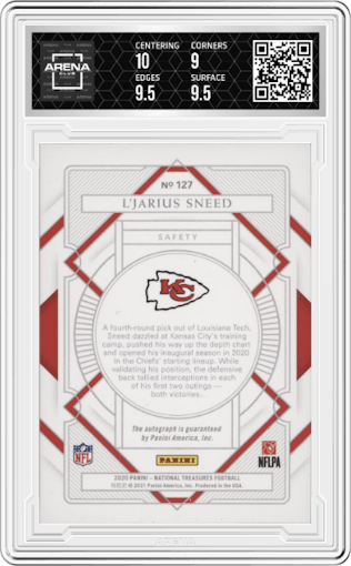 L'Jarius Sneed from the 2020 Panini National Treasures set graded by Arena Club and given an overall grade of 9.5.
