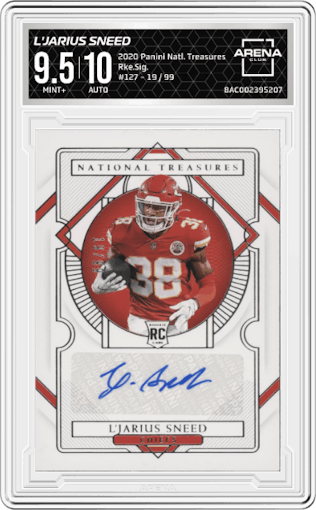 L'Jarius Sneed from the 2020 Panini National Treasures set graded by Arena Club and given an overall grade of 9.5.