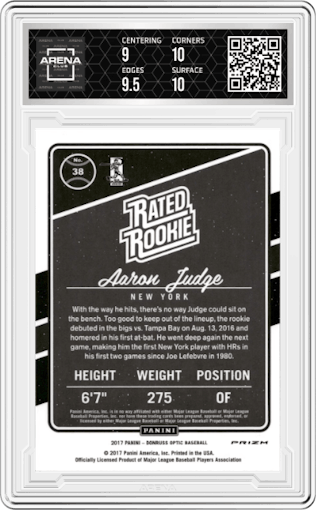Aaron Judge from the 2017 Panini Donruss Optic set featuring a Purple parallel graded by Arena Club and given an overall grade of 9.5.