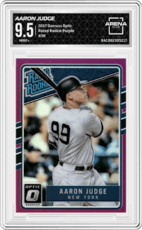Aaron Judge from the 2017 Panini Donruss Optic set featuring a Purple parallel graded by Arena Club and given an overall grade of 9.5.