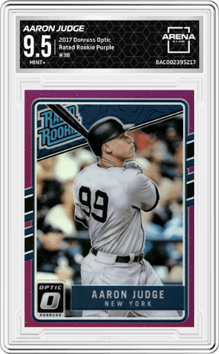 Aaron Judge from the 2017 Panini Donruss Optic set featuring a Purple parallel graded by Arena Club and given an overall grade of 9.5.