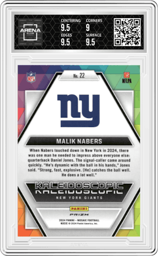 Malik Nabers from the 2024 Panini Mosaic set graded by Arena Club and given an overall grade of 9.5.