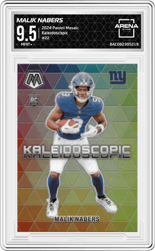 Malik Nabers from the 2024 Panini Mosaic set graded by Arena Club and given an overall grade of 9.5.