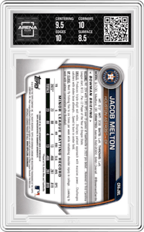 Jacob Melton from the 2023 Bowman Chrome set featuring a Gold Mini-Diamond Refractor parallel graded by Arena Club and given an overall grade of 9.