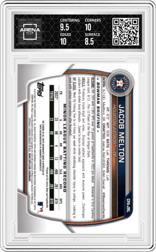 Jacob Melton from the 2023 Bowman Chrome set featuring a Gold Mini-Diamond Refractor parallel graded by Arena Club and given an overall grade of 9.