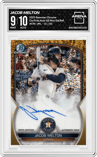 Jacob Melton from the 2023 Bowman Chrome set featuring a Gold Mini-Diamond Refractor parallel graded by Arena Club and given an overall grade of 9.