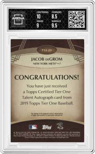 Jacob deGrom from the 2019 Topps Tier One set featuring a Bronze Ink parallel graded by Arena Club and given an overall grade of 9.