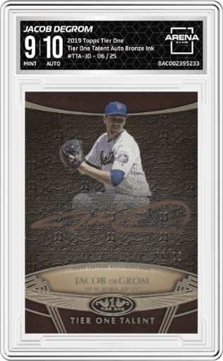 Jacob deGrom from the 2019 Topps Tier One set featuring a Bronze Ink parallel graded by Arena Club and given an overall grade of 9.