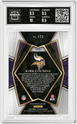Kirk Cousins from the 2021 Panini Select set featuring a Green/Black Snakeskin parallel graded by Arena Club and given an overall grade of 9.