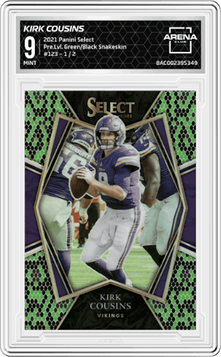 Kirk Cousins from the 2021 Panini Select set featuring a Green/Black Snakeskin parallel graded by Arena Club and given an overall grade of 9.