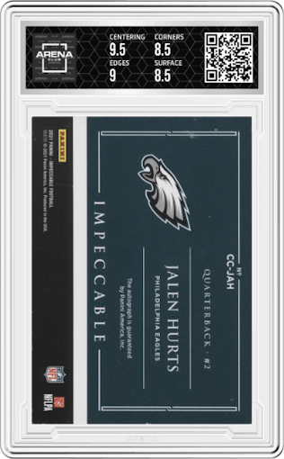 Jalen Hurts from the 2023 Panini Impeccable set graded by Arena Club and given an overall grade of 9.
