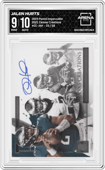 Jalen Hurts from the 2023 Panini Impeccable set graded by Arena Club and given an overall grade of 9.