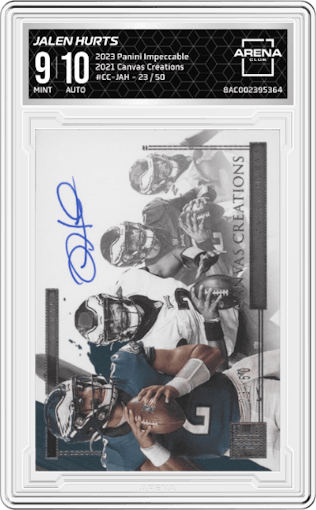 Jalen Hurts from the 2023 Panini Impeccable set graded by Arena Club and given an overall grade of 9.