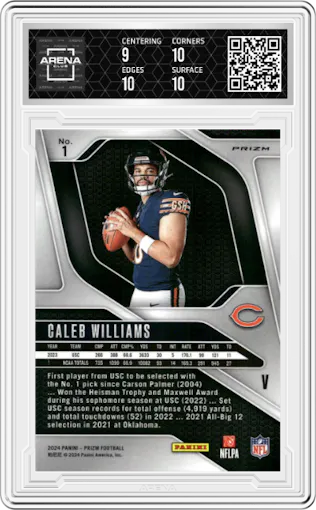 Caleb Williams from the 2024 Panini Prizm set graded by Arena Club and given an overall grade of 9.5.