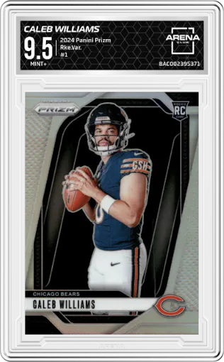 Caleb Williams from the 2024 Panini Prizm set graded by Arena Club and given an overall grade of 9.5.