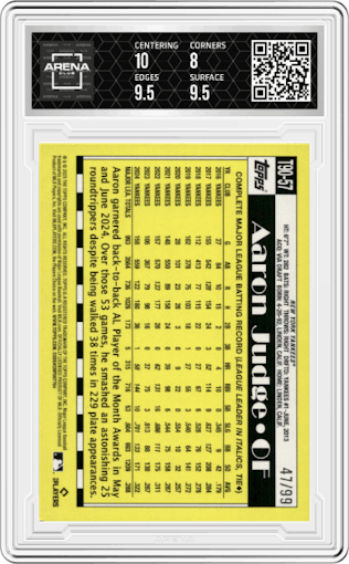 Aaron Judge from the 2025 Topps set featuring a Green Crackle Foilboard parallel graded by Arena Club and given an overall grade of 8.5.
