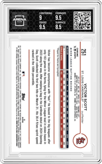 Victor Scott  from the 2024 Topps Chrome set featuring a Orange Raywave Refractor parallel graded by Arena Club and given an overall grade of 9.