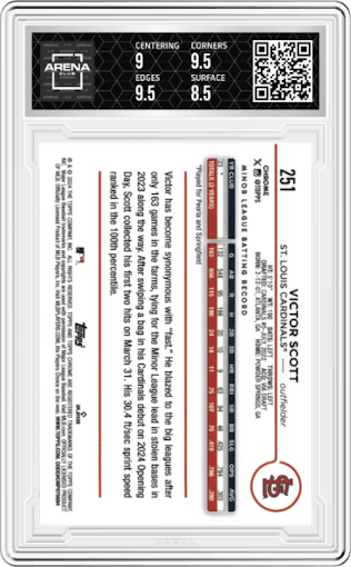 Victor Scott  from the 2024 Topps Chrome set featuring a Orange Raywave Refractor parallel graded by Arena Club and given an overall grade of 9.