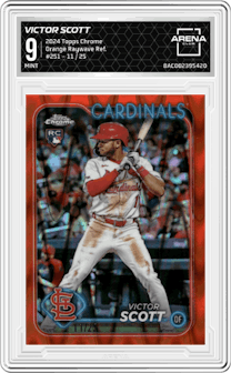 Victor Scott  from the 2024 Topps Chrome set featuring a Orange Raywave Refractor parallel graded by Arena Club and given an overall grade of 9.