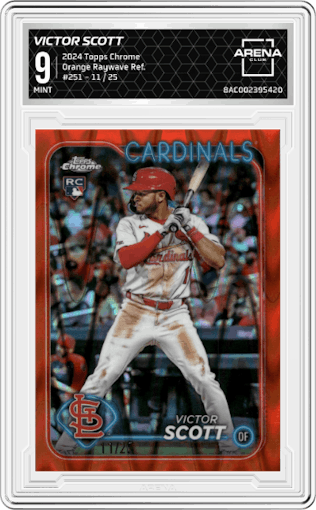 Victor Scott  from the 2024 Topps Chrome set featuring a Orange Raywave Refractor parallel graded by Arena Club and given an overall grade of 9.