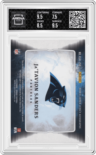 Ja'Tavion Sanders from the 2024 Panini Origins set featuring a Gold  parallel graded by Arena Club and given an overall grade of 8.