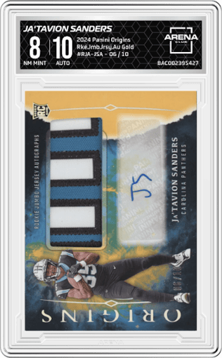 Ja'Tavion Sanders from the 2024 Panini Origins set featuring a Gold  parallel graded by Arena Club and given an overall grade of 8.