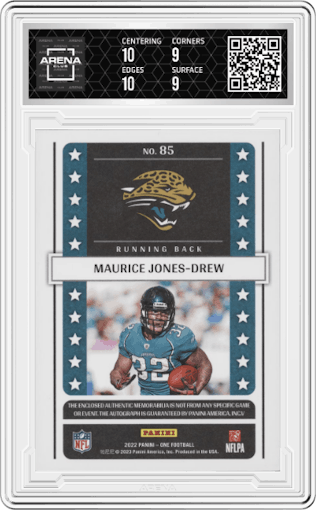 Maurice Jones-Drew from the 2022 Panini One set graded by Arena Club and given an overall grade of 9.5.
