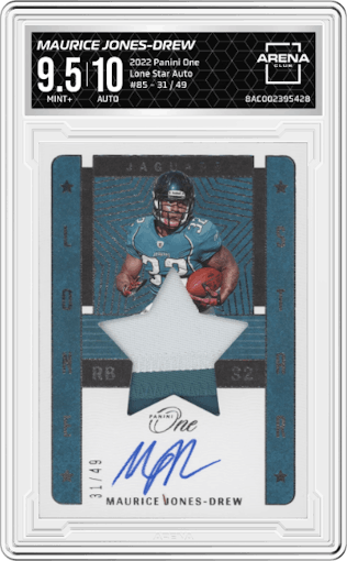 Maurice Jones-Drew from the 2022 Panini One set graded by Arena Club and given an overall grade of 9.5.