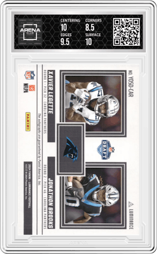 Xavier Legette/Jonathon Brooks from the 2024 Panini Luminance set graded by Arena Club and given an overall grade of 9.