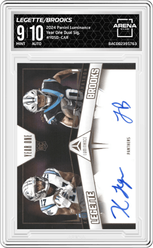 Xavier Legette/Jonathon Brooks from the 2024 Panini Luminance set graded by Arena Club and given an overall grade of 9.