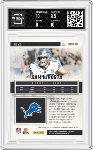 Sam LaPorta from the 2024 Panini Luminance set featuring a Green  parallel graded by Arena Club and given an overall grade of 8.5.