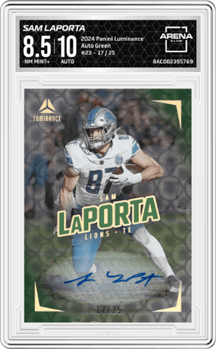 Sam LaPorta from the 2024 Panini Luminance set featuring a Green  parallel graded by Arena Club and given an overall grade of 8.5.