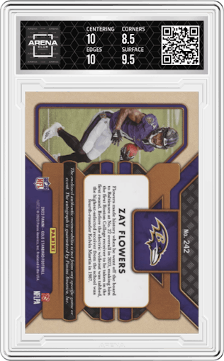 Zay Flowers from the 2023 Panini Gold Standard set graded by Arena Club and given an overall grade of 9.