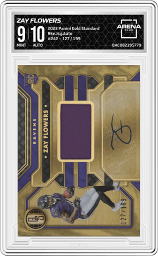 Zay Flowers from the 2023 Panini Gold Standard set graded by Arena Club and given an overall grade of 9.